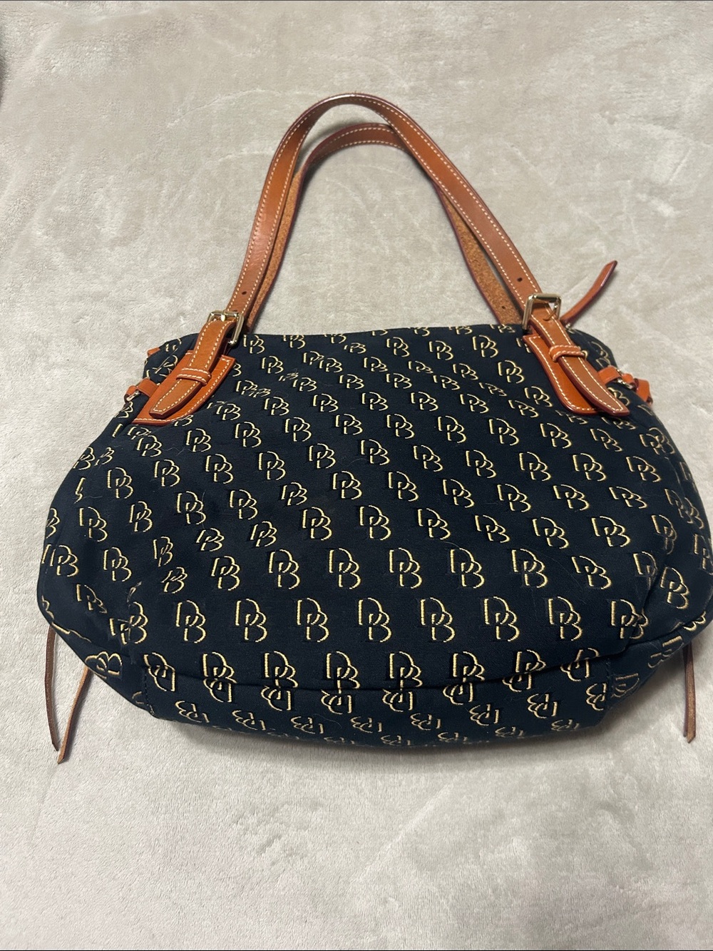 Dooney & Bourke Navy Logo Satchel with Tan Leather Trim - Picture 3 of 12